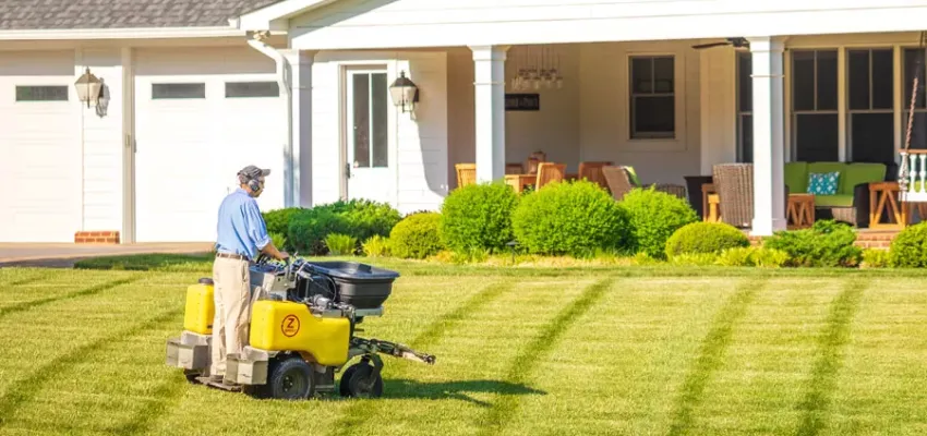 Tech working on lawn, nice green lawn